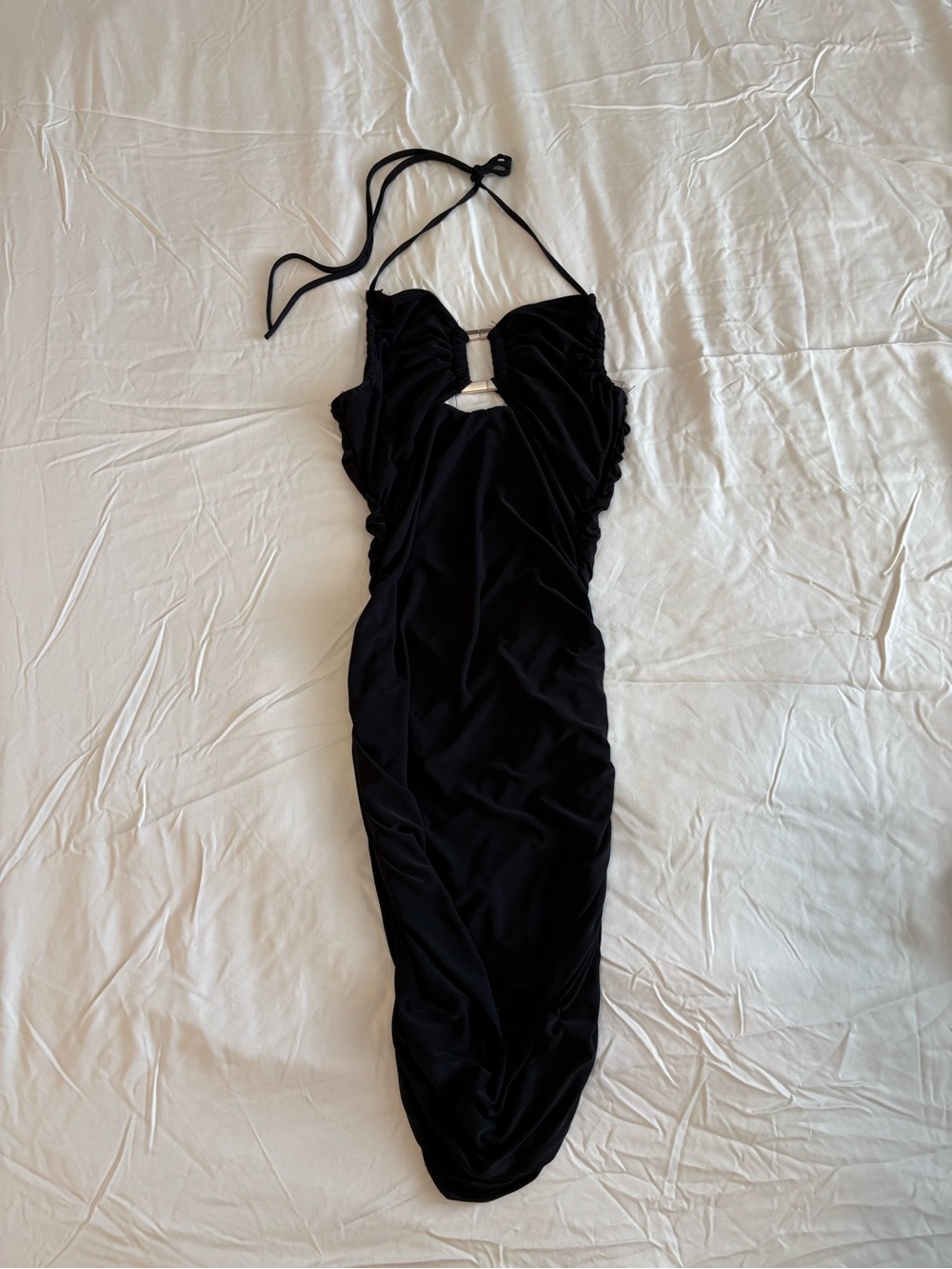 Sabora Black Ruched Bodycon Dress Gold Hardware